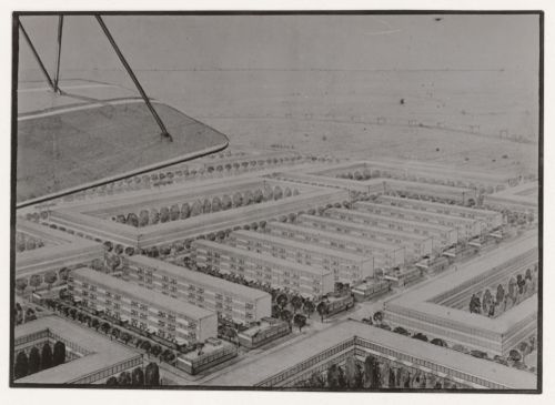 Photograph of a bird's-eye perspective drawing for Blijdorp Workers' Housing Quarter, Rotterdam, Netherlands