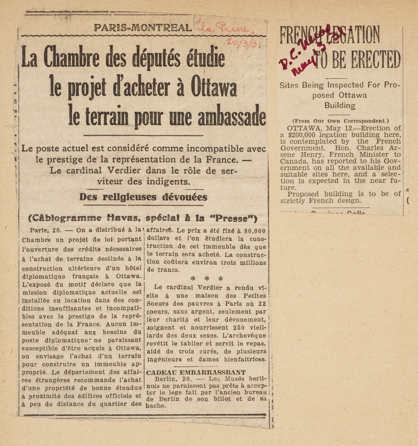 Coupures de presse au sujet de l'achat d'un terrain pour la construction de l'immeuble de la Légation de France, Ottawa, Ontario