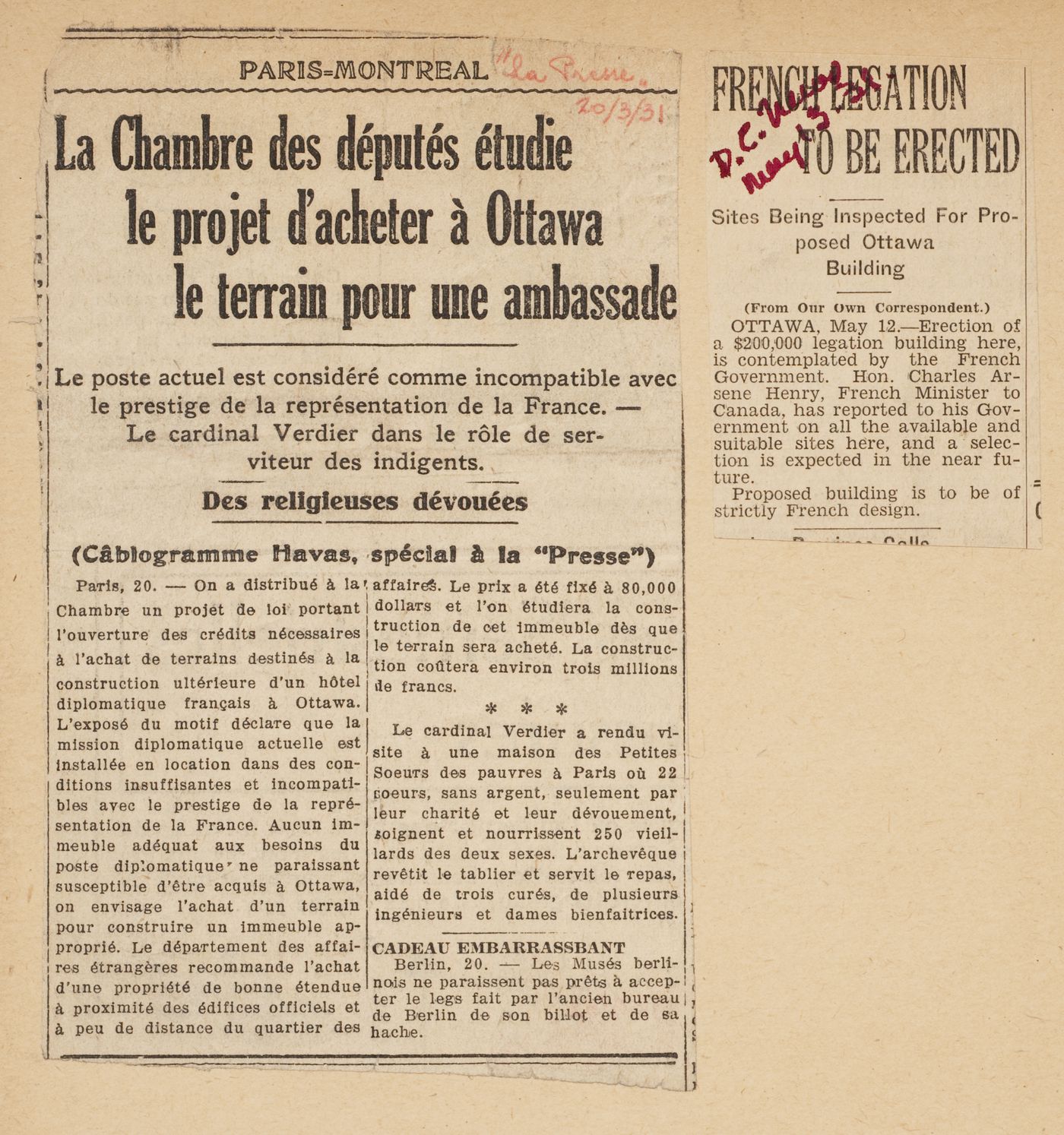 Coupures de presse au sujet de l'achat d'un terrain pour la construction de l'immeuble de la Légation de France, Ottawa, Ontario