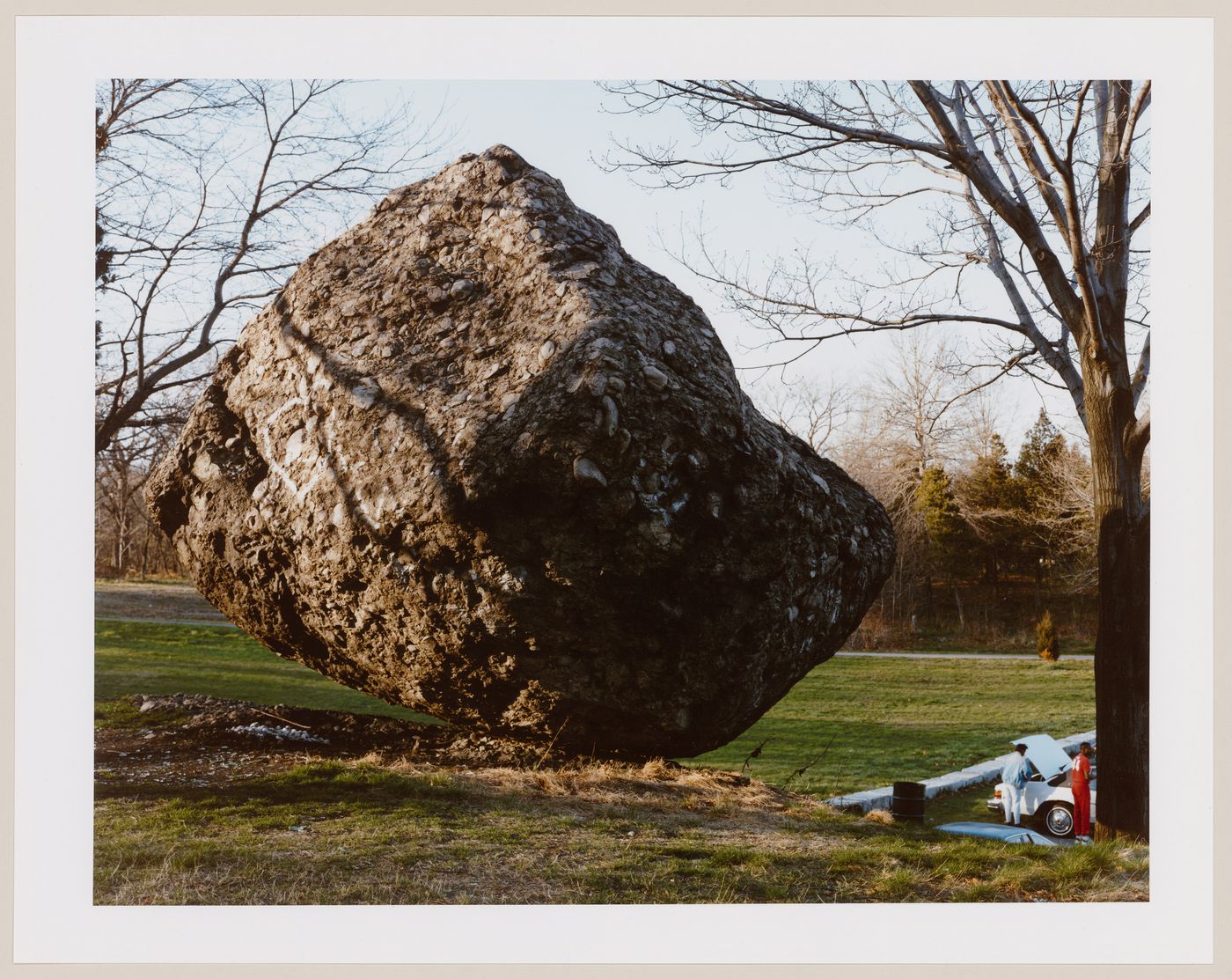 View of boulder and parking lot, Franklin Park, Boston, Massachusetts, United States