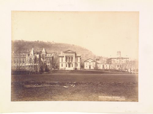 View of McGill University campus showing the Redpath Library, the Presbyterian College, the Redpath Museum, the General Arts Building and Ravenscrag Mansion in the background, Montréal, Québec