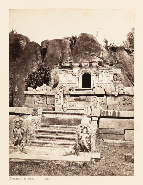 View of the staircase and portico, Isurumuniya Temple, Anuradhapura, Ceylon (now Sri Lanka)