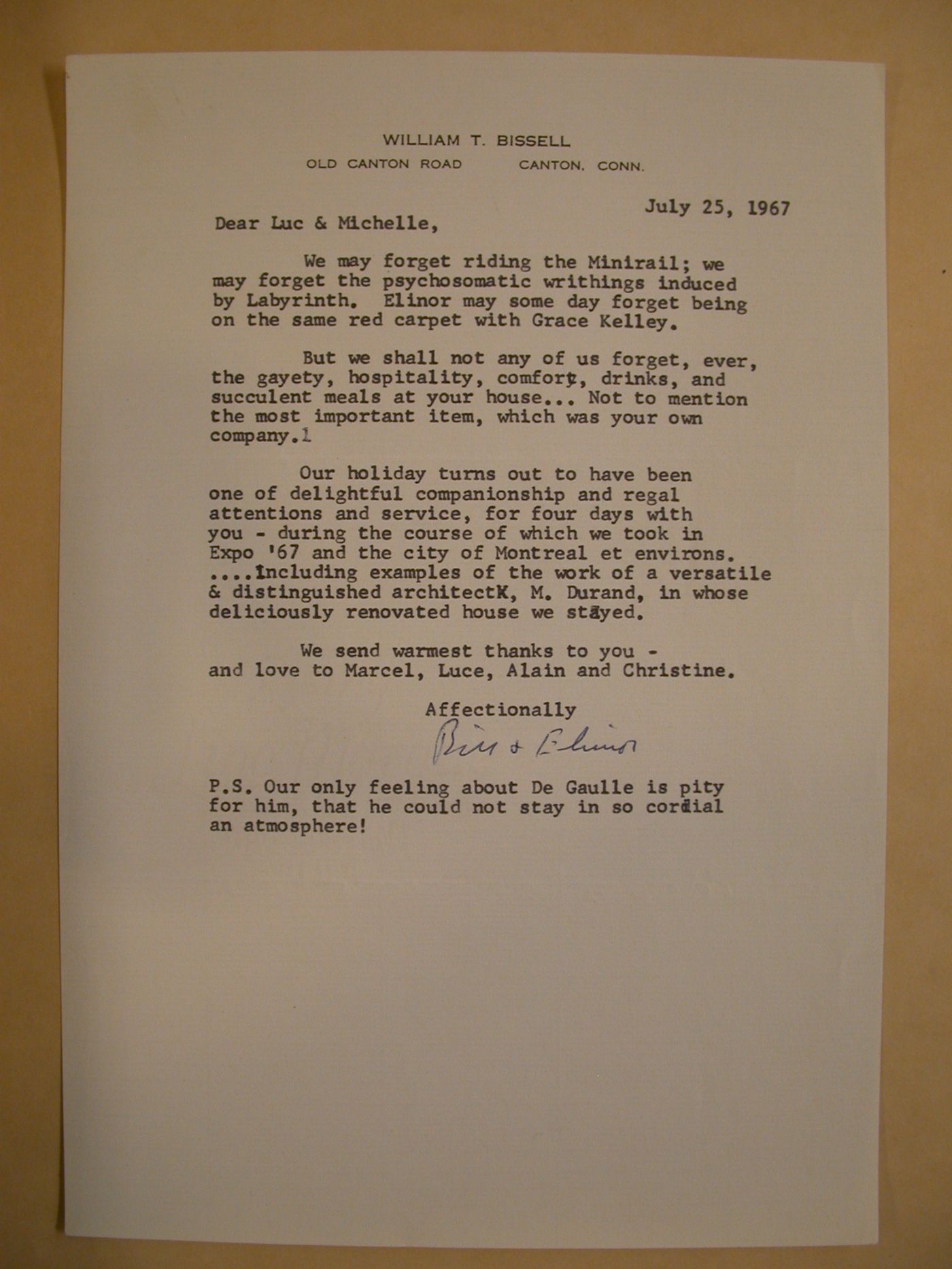 Lettre de William T. et Elinor Bissell à Luc et Michèle Durand