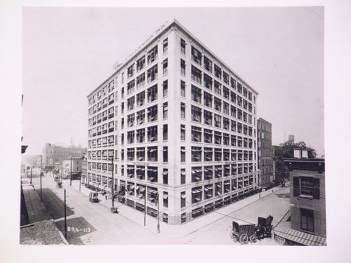View of the principal and lateral façades of the Mergenthaler Linotype Company Building from the roof of the building across the street, New York City, New York