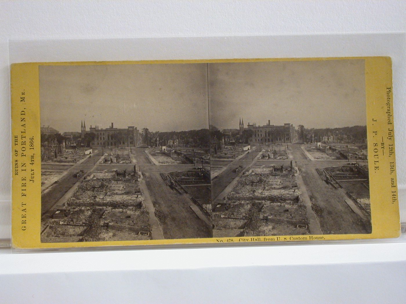 City Hall, as seen from U.S. Custom House, after the Great Fire in Portland, Maine on July 4, 1866