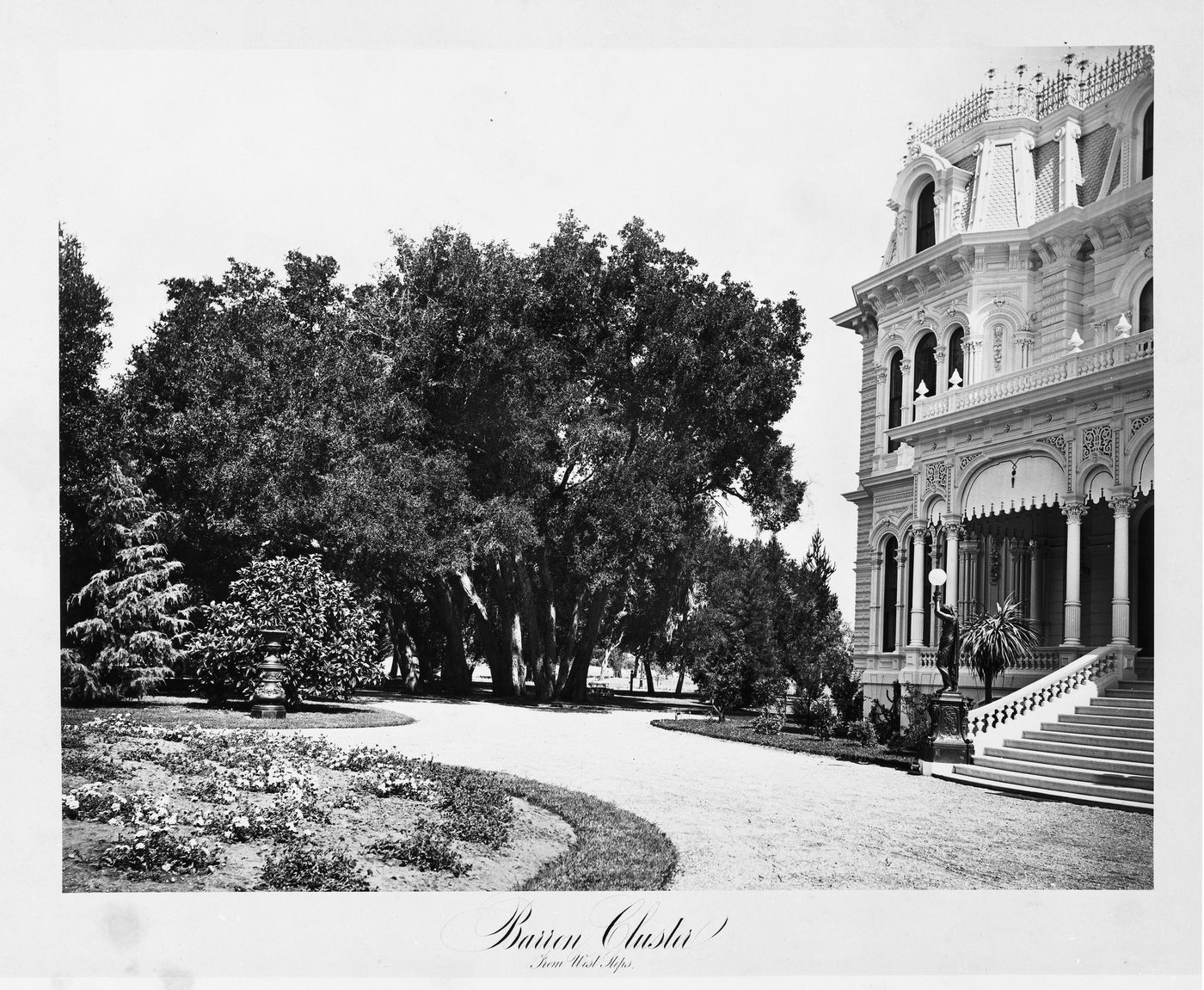 View of the exterior and grounds, Thurlow Lodge, Menlo Park, California