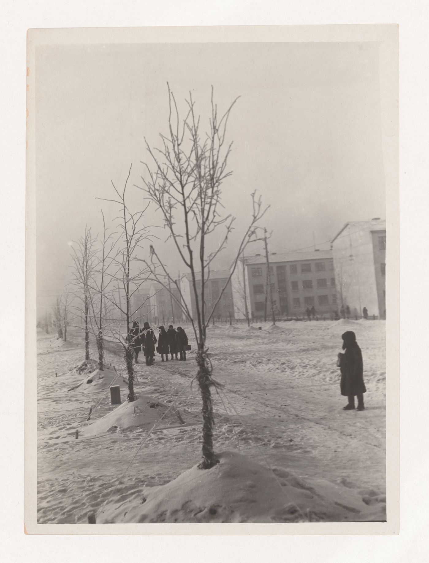 View of a boulevard in the First Block showing housing, Magnitogorsk, Soviet Union (now in Russia)