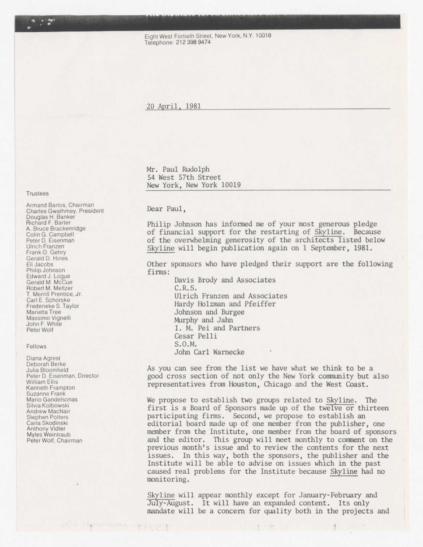 Letter from Peter D. Eisenman to Paul Rudolph about sponsorship for Skyline