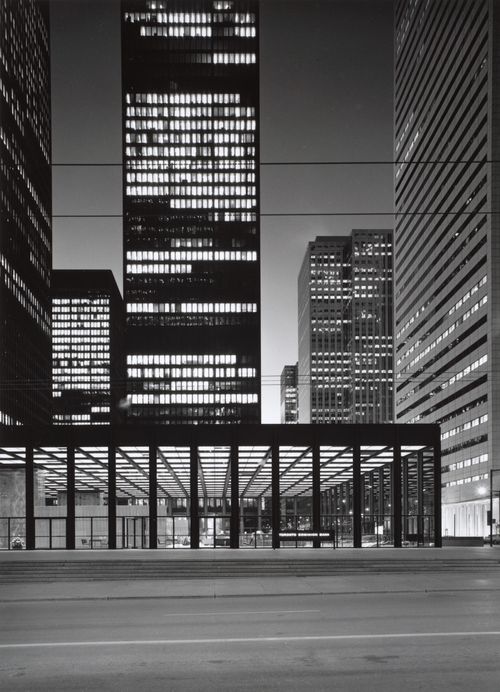 Exterior view of the Toronto-Dominion Bank Pavilion, the Toronto-Dominion Bank Tower and the Royal Trust Tower at 8:00 p.m., Toronto