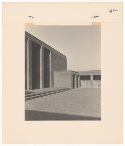 View of brick buildings and a courtyard in the New Jewish Cemetery [Neuer Jüdischer Friedhof], Frankfurt am Main, Germany
