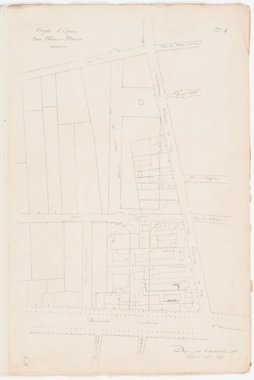 Project no. 4: Site plan for an opera house for the Académie royale de musique, Menus-Plaisirs; verso: Project no. 5: Site plan for an opera house for the Académie royale de musique on the Bains Chinois site