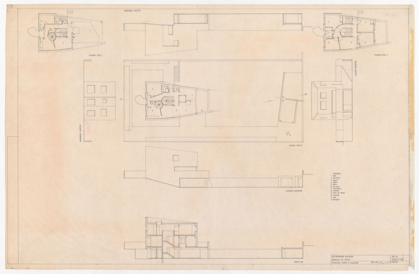 Floor plans, elevations and section for Casa Fernando Machado, Porto, Portugal