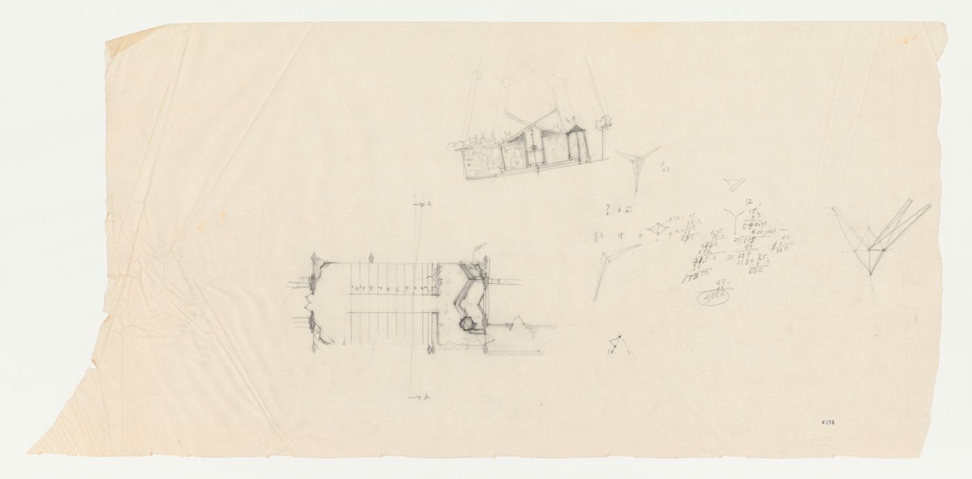 Wayfarers' Chapel, Palos Verdes, California: Plan and sketch cross section for the chapel, with several sketches for the redwood bent trusses for the roof canopy