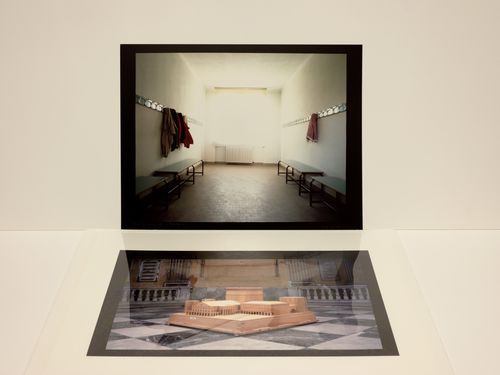 The Museum Is Not Enough: Photograph of Luigi Ghirri showing  Aldo Rossi's interior of Secondary School, Broni (above) and model for the Carlo Felice Theatre, Genoa (below), Italy, 1987