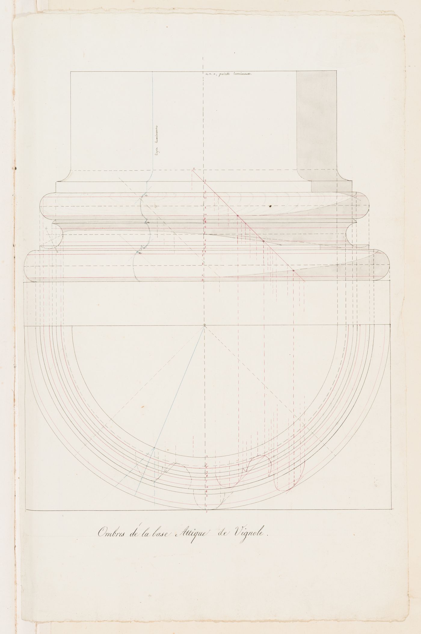 Elevation and plan of an Attic base after Vignola, with orthographic projecting lines indicating the distribution of light and shade