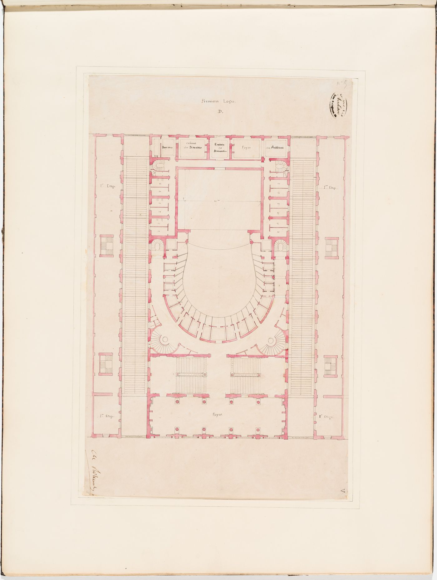 Plan for the "premières loges" for level D for the Théâtre Royal Italien, and two first floor plans of the adjacent shopping arcades
