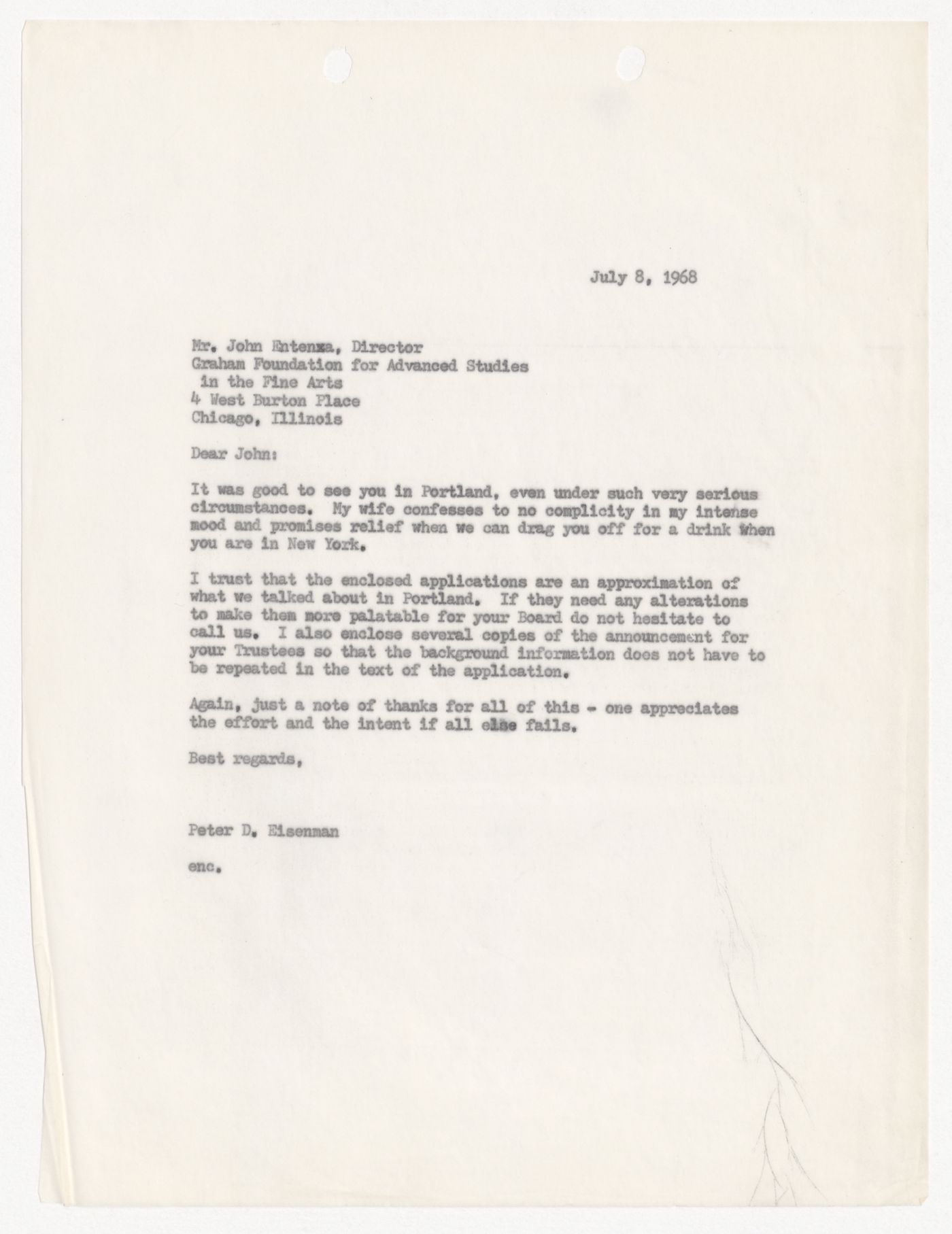 Letter from Peter D. Eisenman to John D. Entenza with attached two project proposals