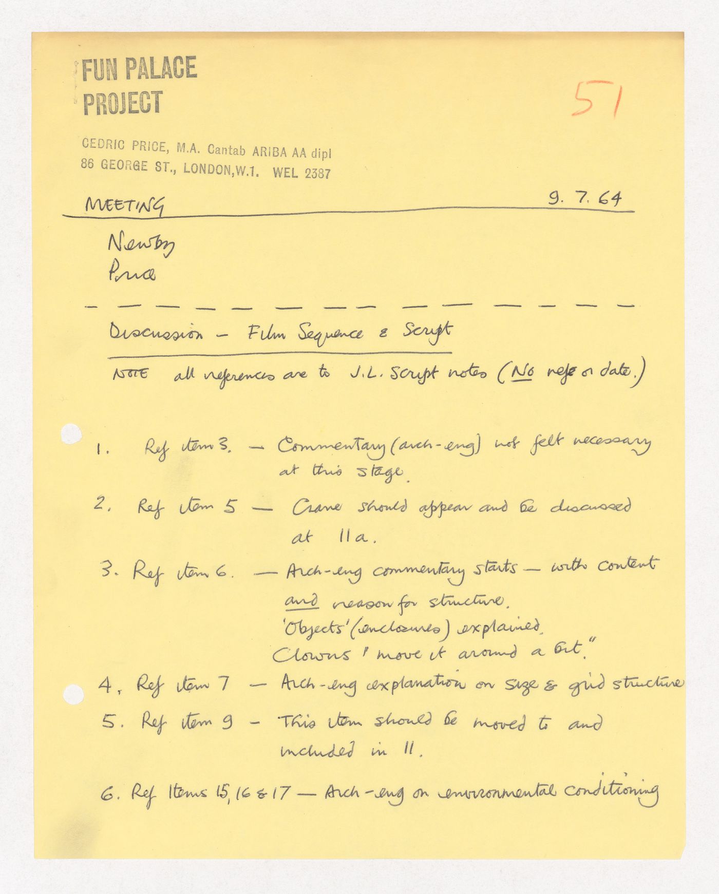 Meeting notes regarding the Fun Palace Project film sequence and script