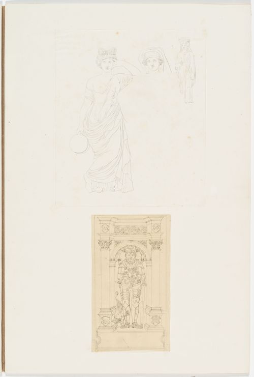 Drawings of two draped female figures, and one female head with a headress, possibly Demeter Cidaria; Drawing of a an armor-clad male statue in a niche, probably a king or warrior saint
