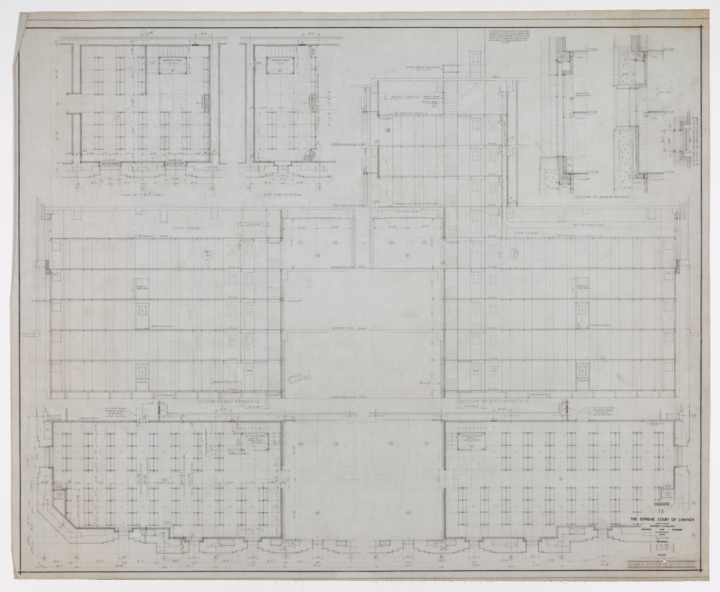 Plan et coupes des étagères de la bibliothèque, Cour suprême du Canada, Ottawa, Ontario, Canada (1937-1953, 1977)