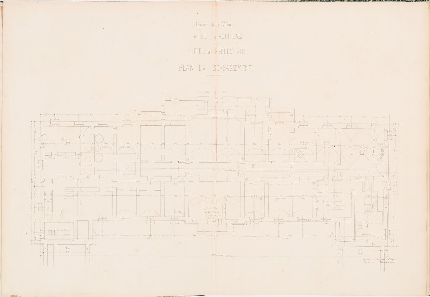 Project for a Hôtel de préfecture, Poitiers: Plan for the "soubassement" for the Hôtel du Préfet