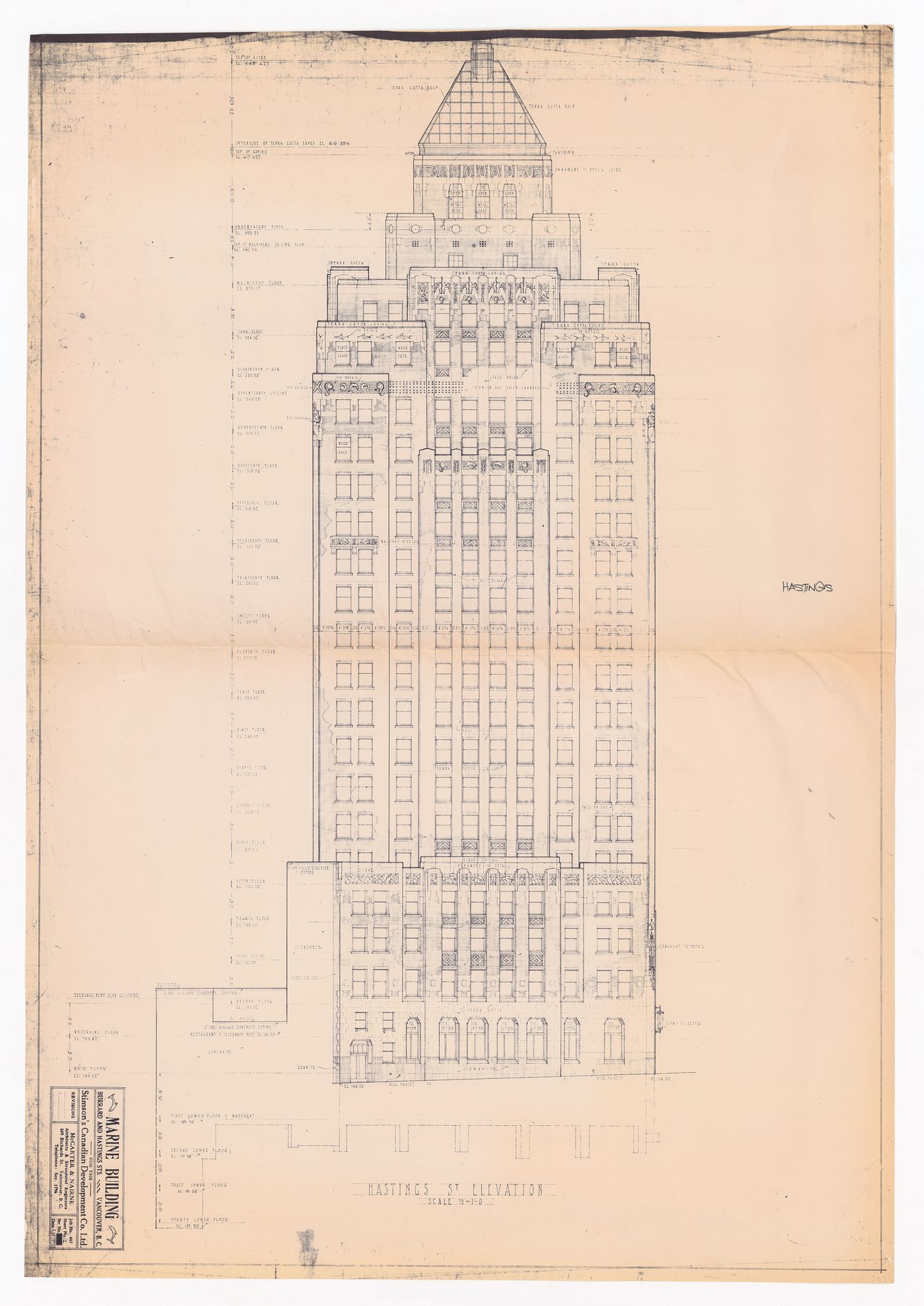 Reference drawing (elevation) for Marine Building, Penthouse Alterations, Vancouver, British Columbia