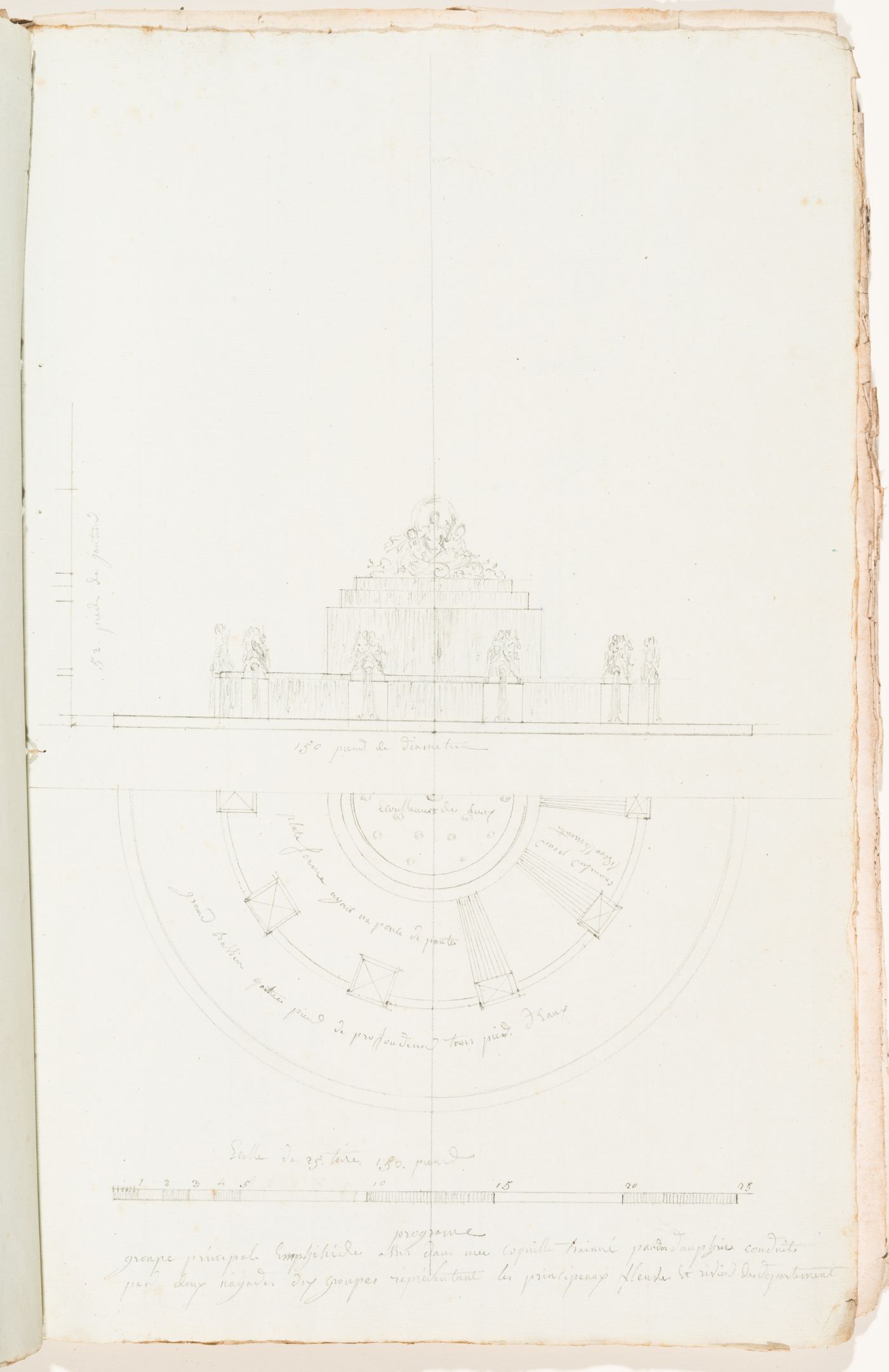Conceptual sketch elevation and half plan for a two-tiered fountain with a central sculpture