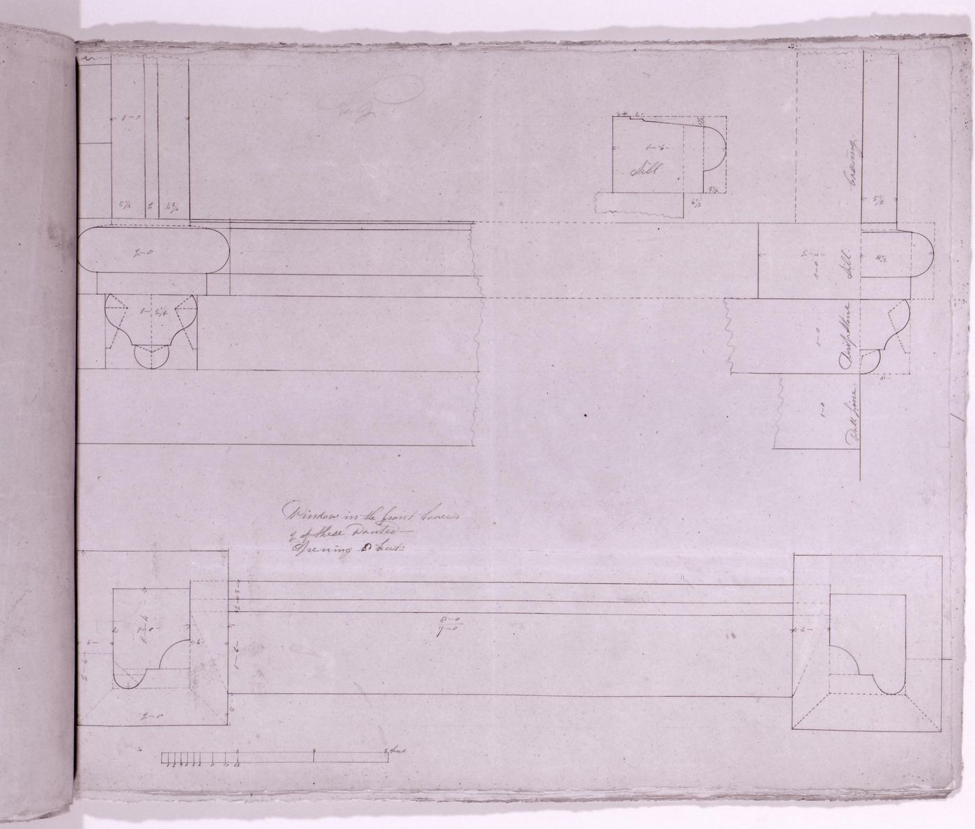 Plan, elevation and sections for masonry mouldings for the tower windows for Notre-Dame de Montréal