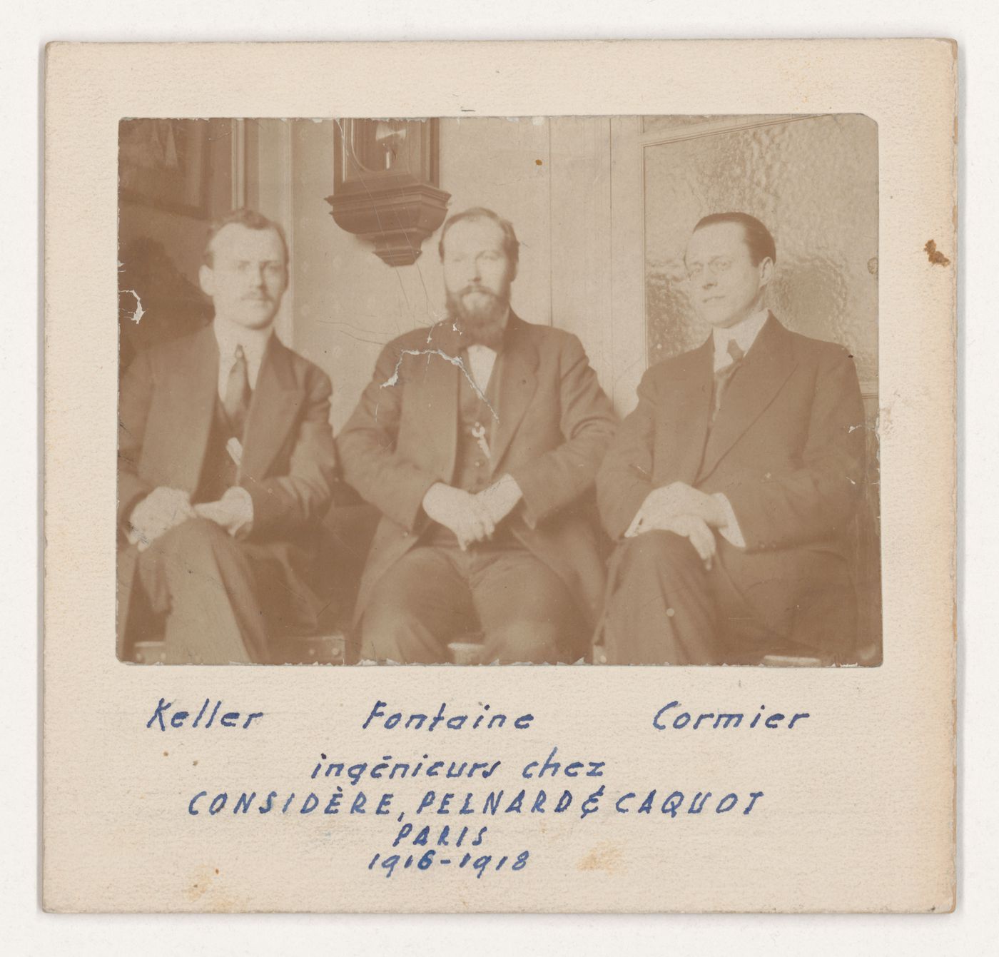 Portrait de Keller, Fontaine et Cormier, ingénieurs à la firme Considère, Pelnard & Caquot, Paris, France
