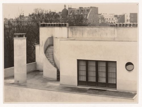 Partial view of the Allantini hôtel particulier on Mallet-Stevens road in the 16th arrondissement, showing top floor exterior, Paris, France