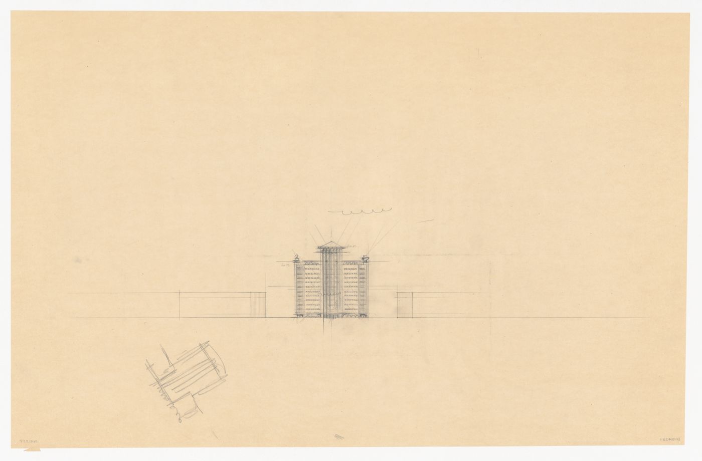 Elevation and sketch elevation for Industriegebouw Plan A for the reconstruction of the Hofplein (city centre), Rotterdam, Netherlands
