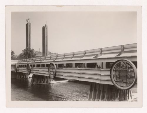 View of the Passerelle de l'Alma with towers in the background, 1937 Exposition internationale, Paris, France