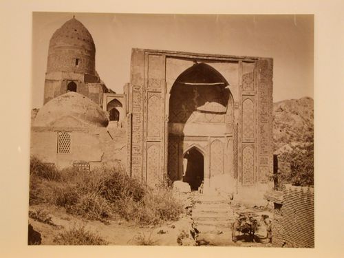 View of the Shah-i-Zinda complex with the Kusam-ibn-Abbas mausoleum and mosque on the left, Samarkand, Uzbekistan