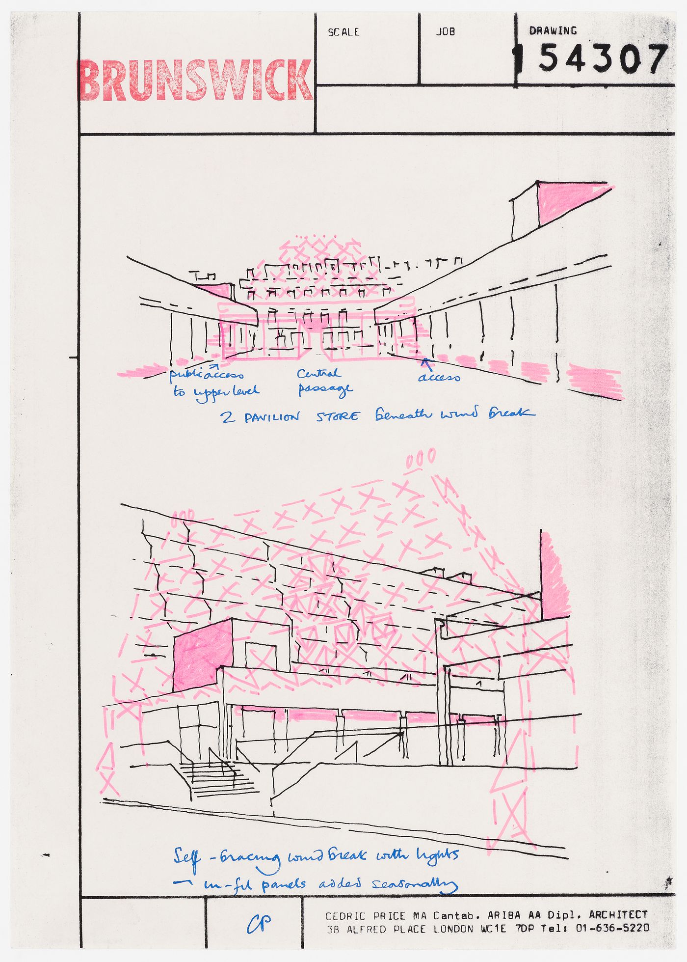 Brunswick: perspective sketches of "2 pavilion store beneath wind break" and "self-bracing wind break with lights"