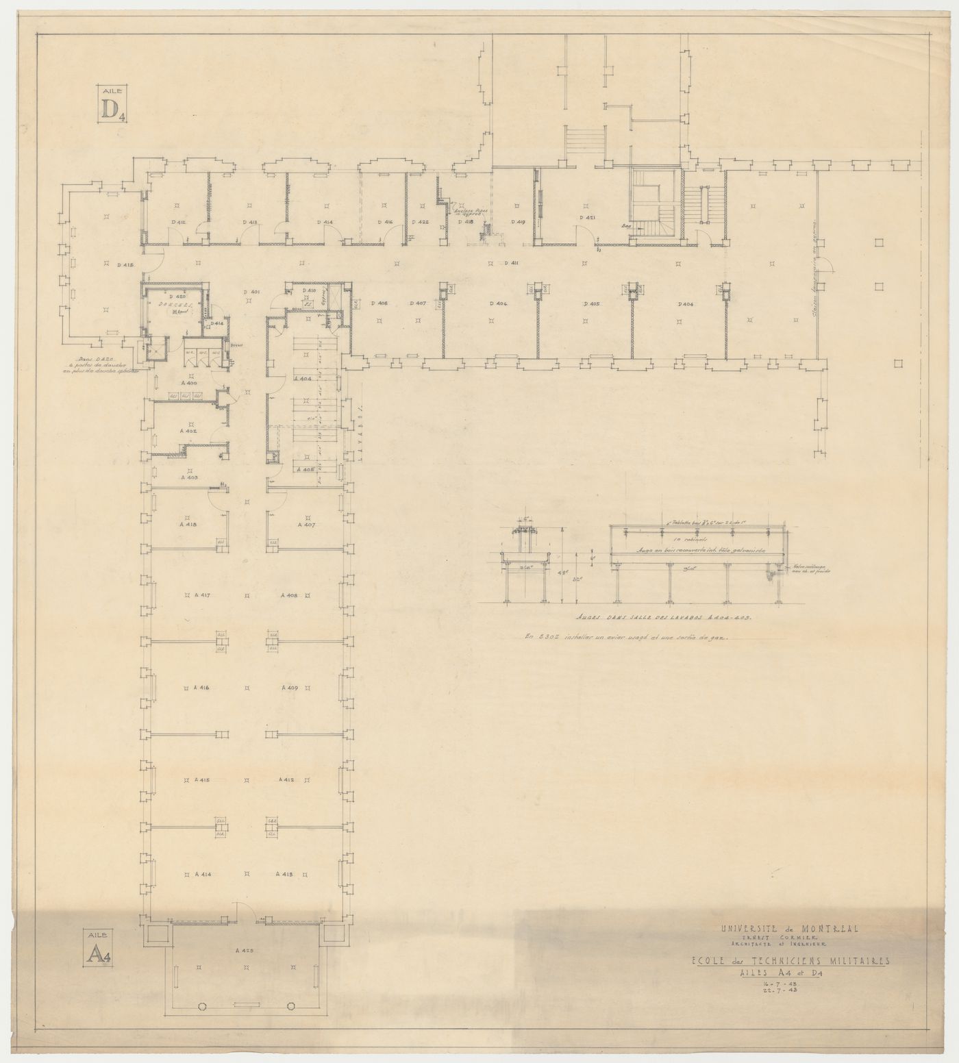 Plan de l'étage de l'école des techniciens militaires, Pavillon principal et campus, Université de Montréal, Montréal, Canada