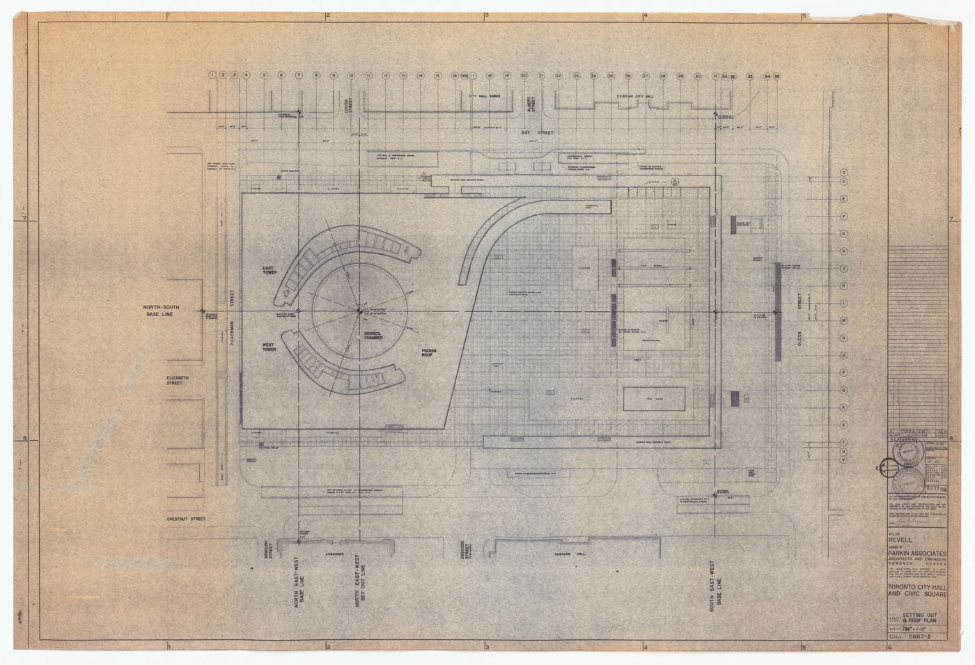 Setting out and roof plan for Toronto City Hall and Civic Square, Toronto