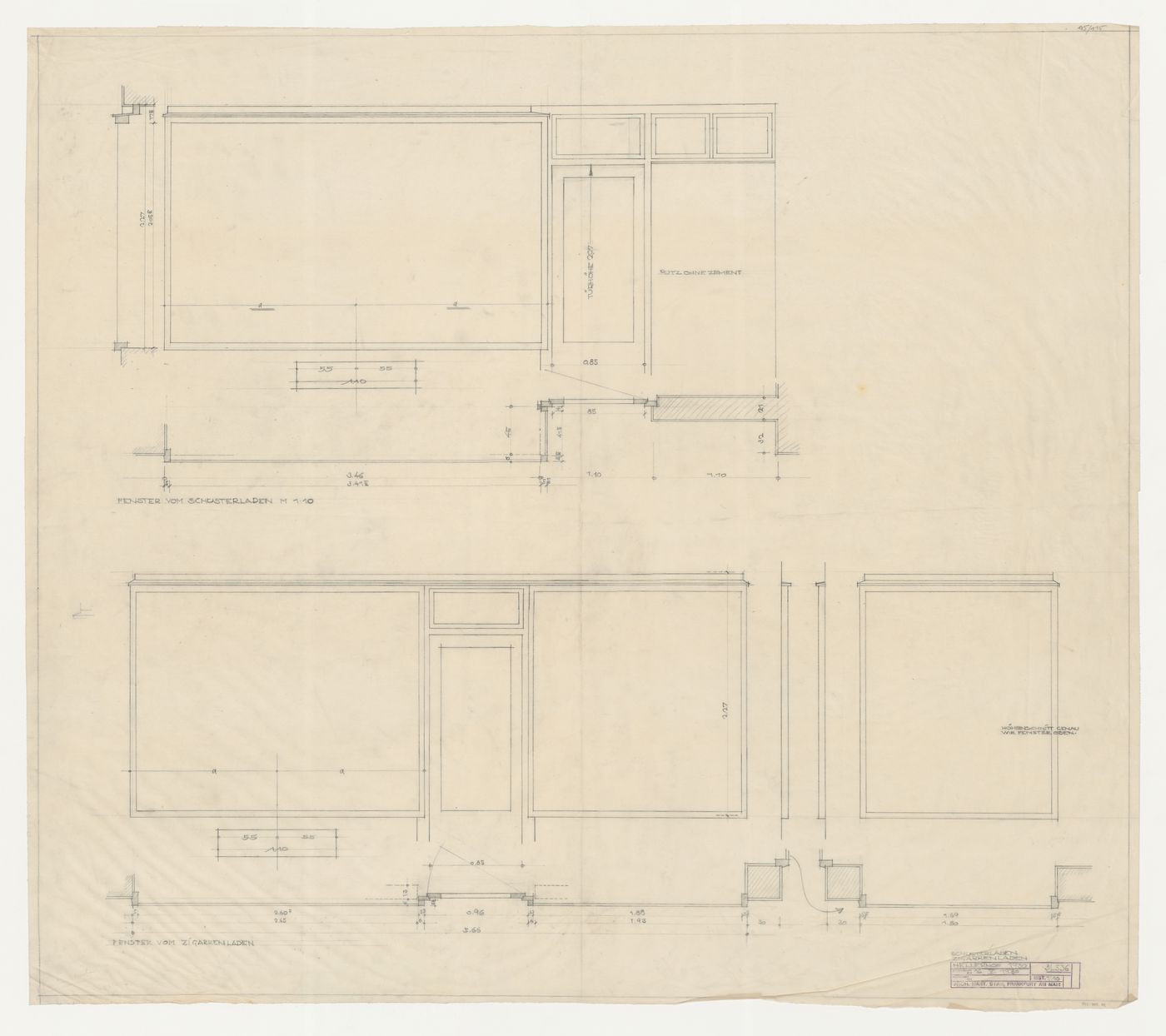 Elevations and plans for a shoe store and a cigar store, Hellerhof Housing Estate, Frankfurt am Main, Germany