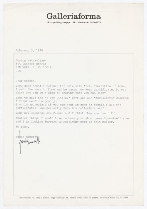 Letter from Paolo Minetti to Gordon Matta-Clark