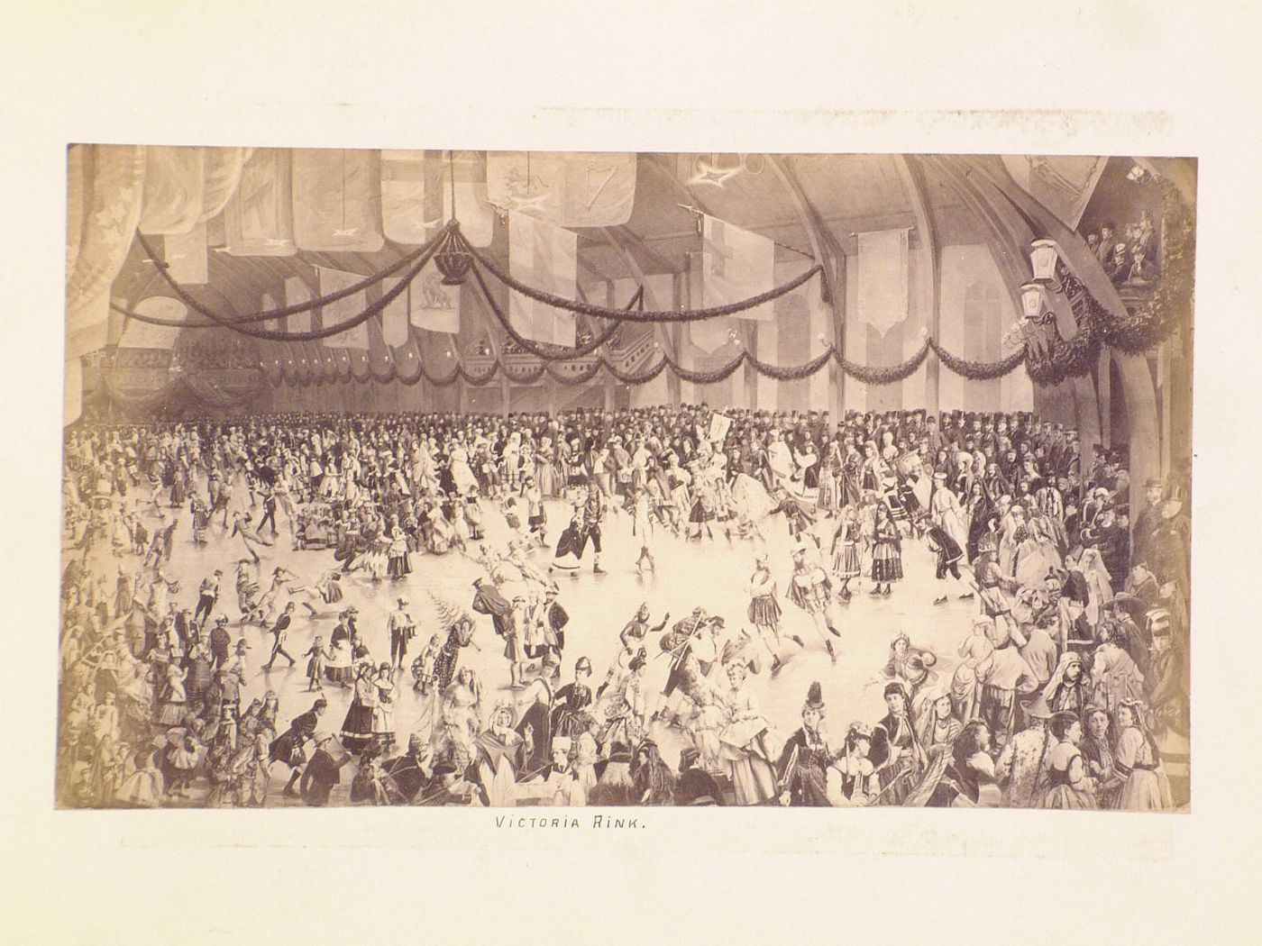 Composite photograph showing an interior view of the fancy-dress skating carnival in honour of Prince Arthur [?] at Victoria Rink, rue Drummond, Montréal, Québec