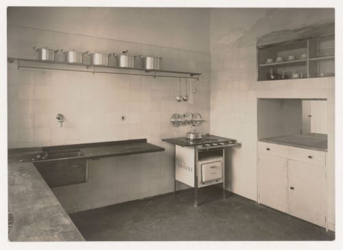 Interior view of the kitchen of House 8 under construction, Weissenhofsiedlung, Stuttgart, Germany