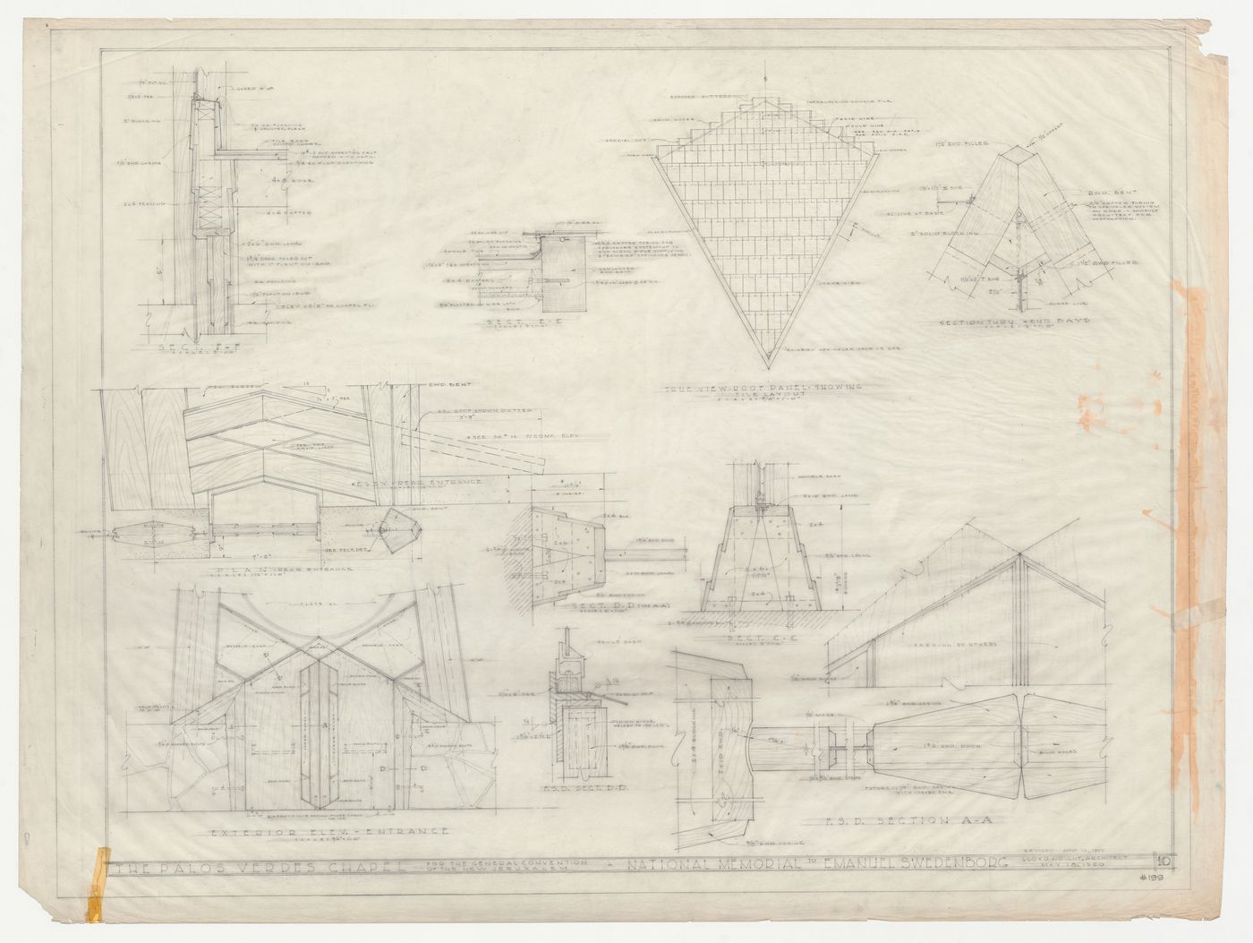 Wayfarers' Chapel, Palos Verdes, California: Elevations, sections and plan for front and rear entrances to chapel, with elevation and sections for a tiled roof panel