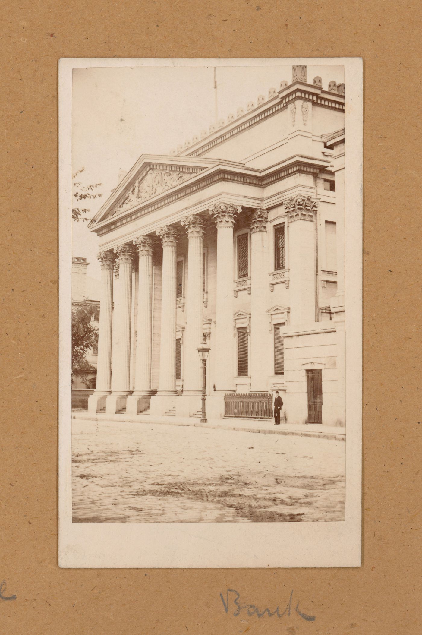 View of the principal façade of the Head Office of the Bank of Montréal, 119-129 rue Saint-Jacques Ouest, Montréal, Canada (now Montréal, Québec, Canada)