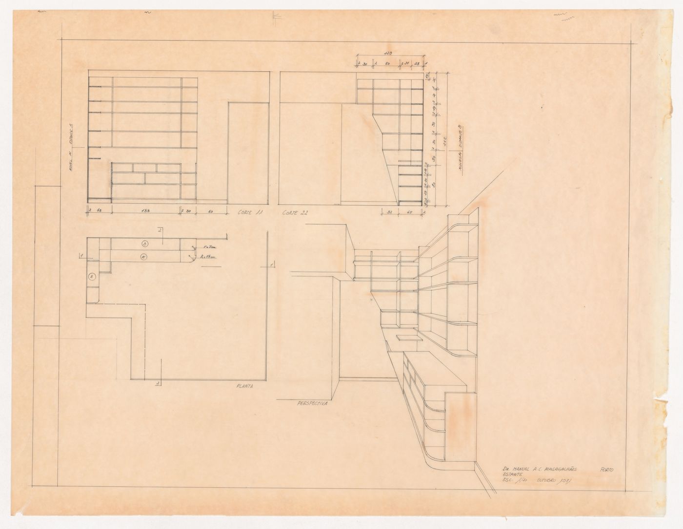 Sections, plan and perspective for bookcase for Casa Manuel Magalhães, Porto