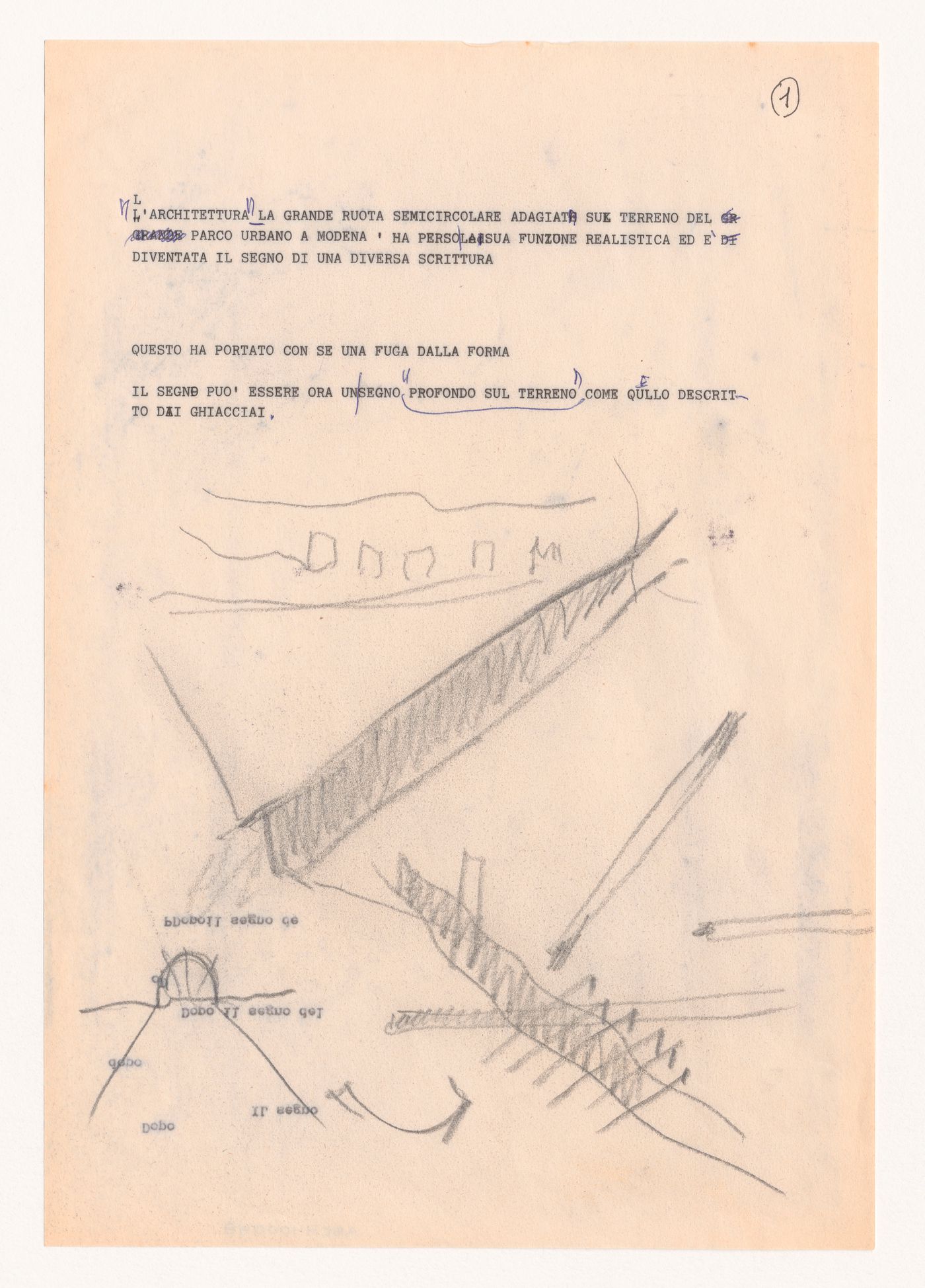 Document with sketches for Breve racconto di Architettura [Brief tale of architecture]