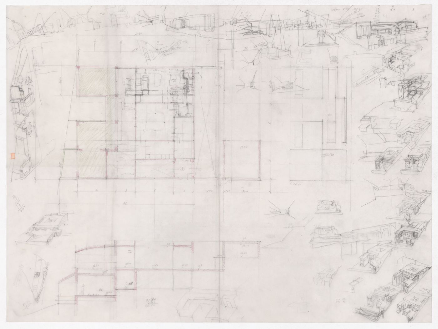 Sketch plans, elevation, axonometric views, and perspectives for Casa Guardiola, Puerto de Santa Maria, Spain