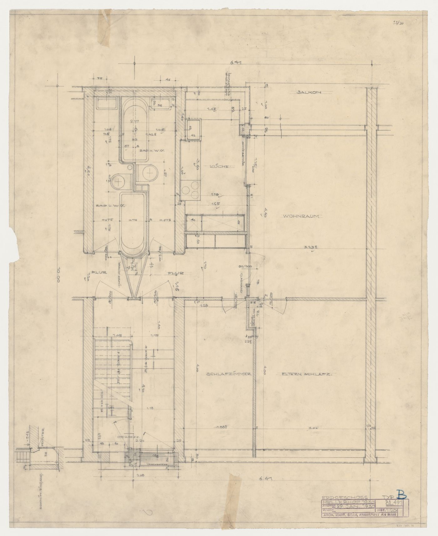 Ground floor plan for a type B housing unit, Hellerhof Housing Estate, Frankfurt am Main, Germany