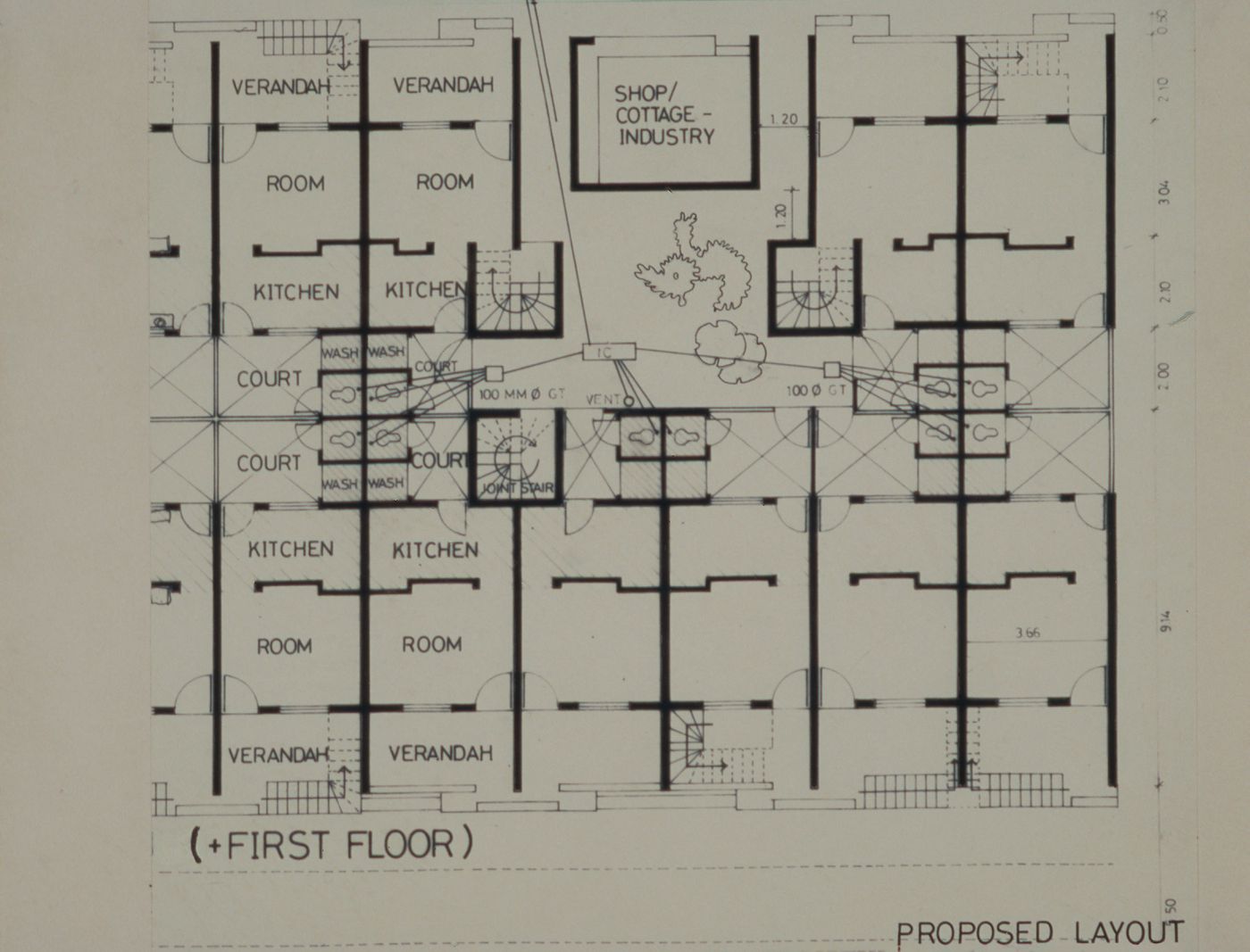 First floor plan showing proposed layout of houses for the Aranya Housing Project, Indore, India