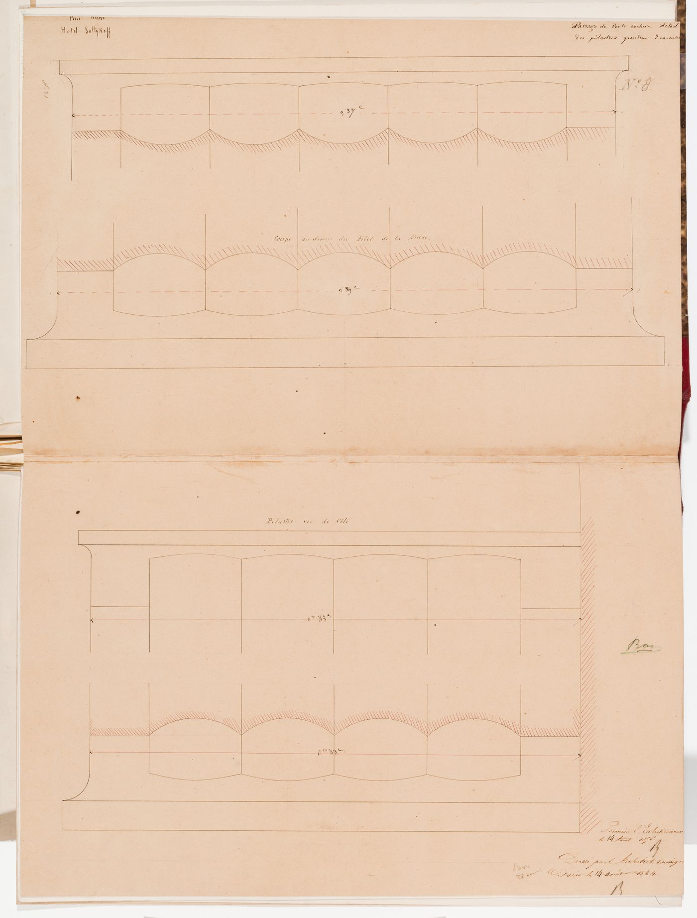 Full-scale details for the fluting of the columns or pilasters for the porte cochere, Hôtel Soltykoff