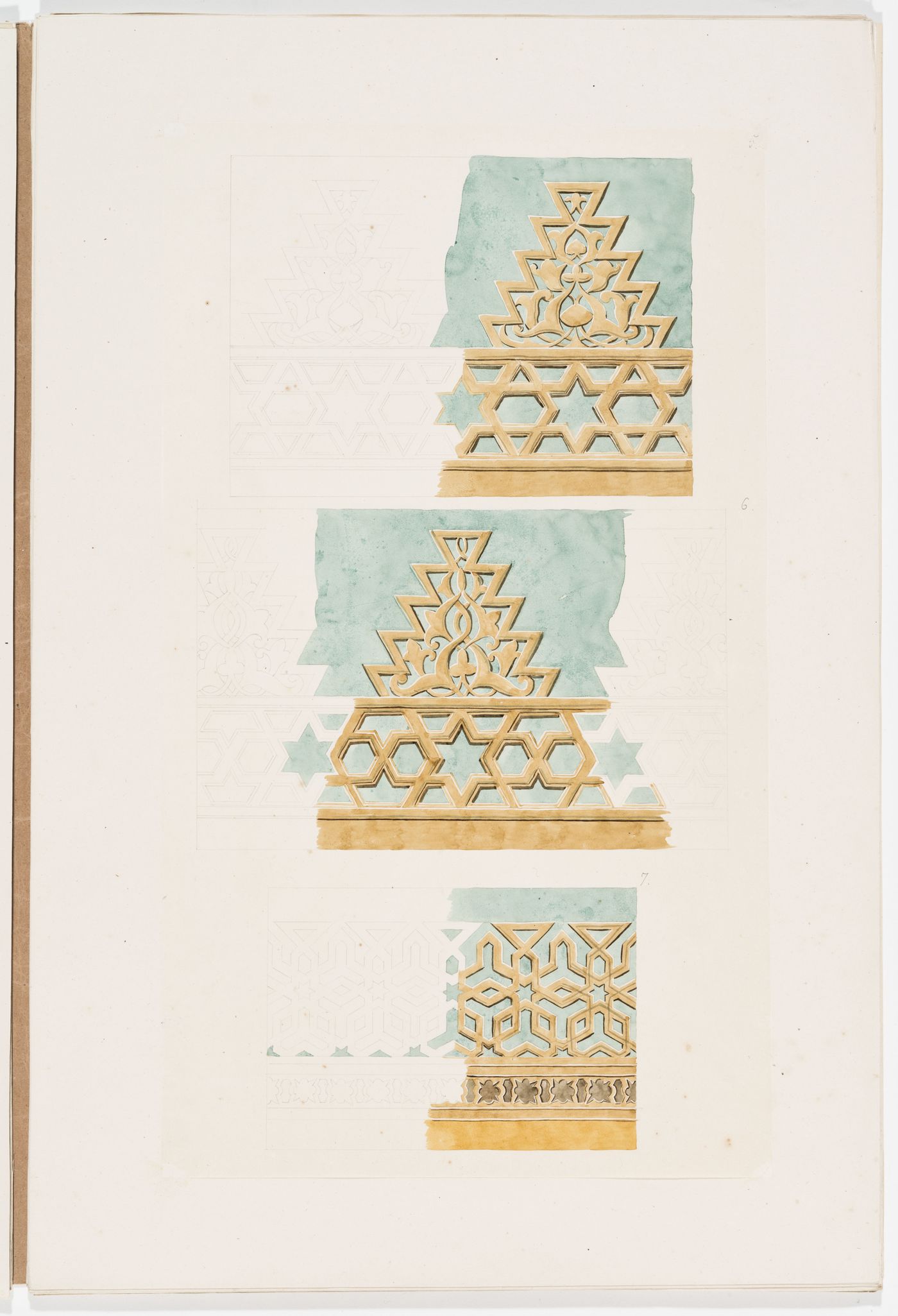 Ornament drawing of three segments of panels or bands decorated with interlacing foliage, lines and geometric shapes, probably Islamic