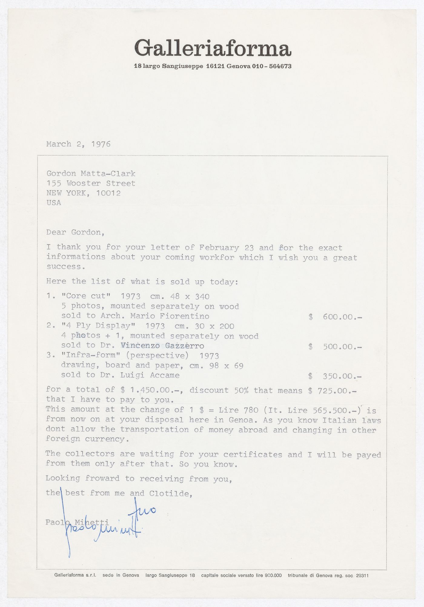 Letter from Paolo Minetti to Gordon Matta-Clark